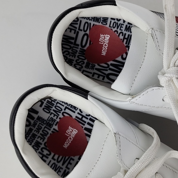 NWT Love Moschino Women's White Black Leather Low Top Sneakers Logo  Size 10/41 - Picture 12 of 16